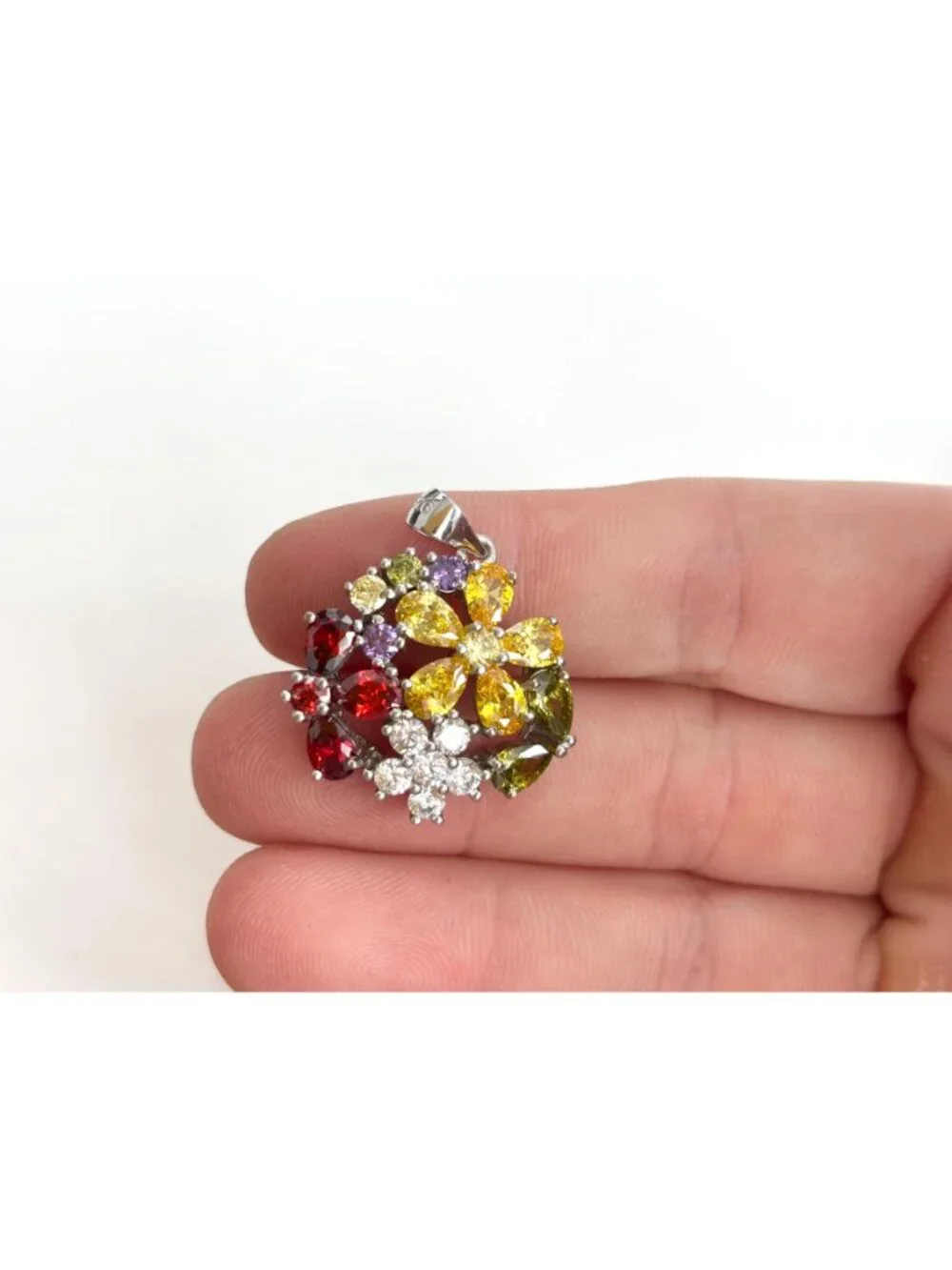 Floral Rainbow Peridot, Citrine, Garnet & CZ Gemstone Vintage Pendant | Charm